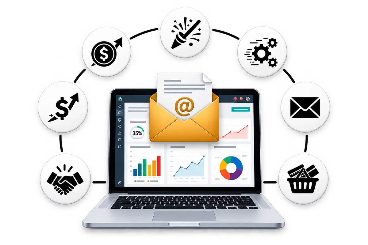 Laptop showing an email marketing dashboard with an open envelope, ringed by icons for revenue, purchases, automation and repeat customers