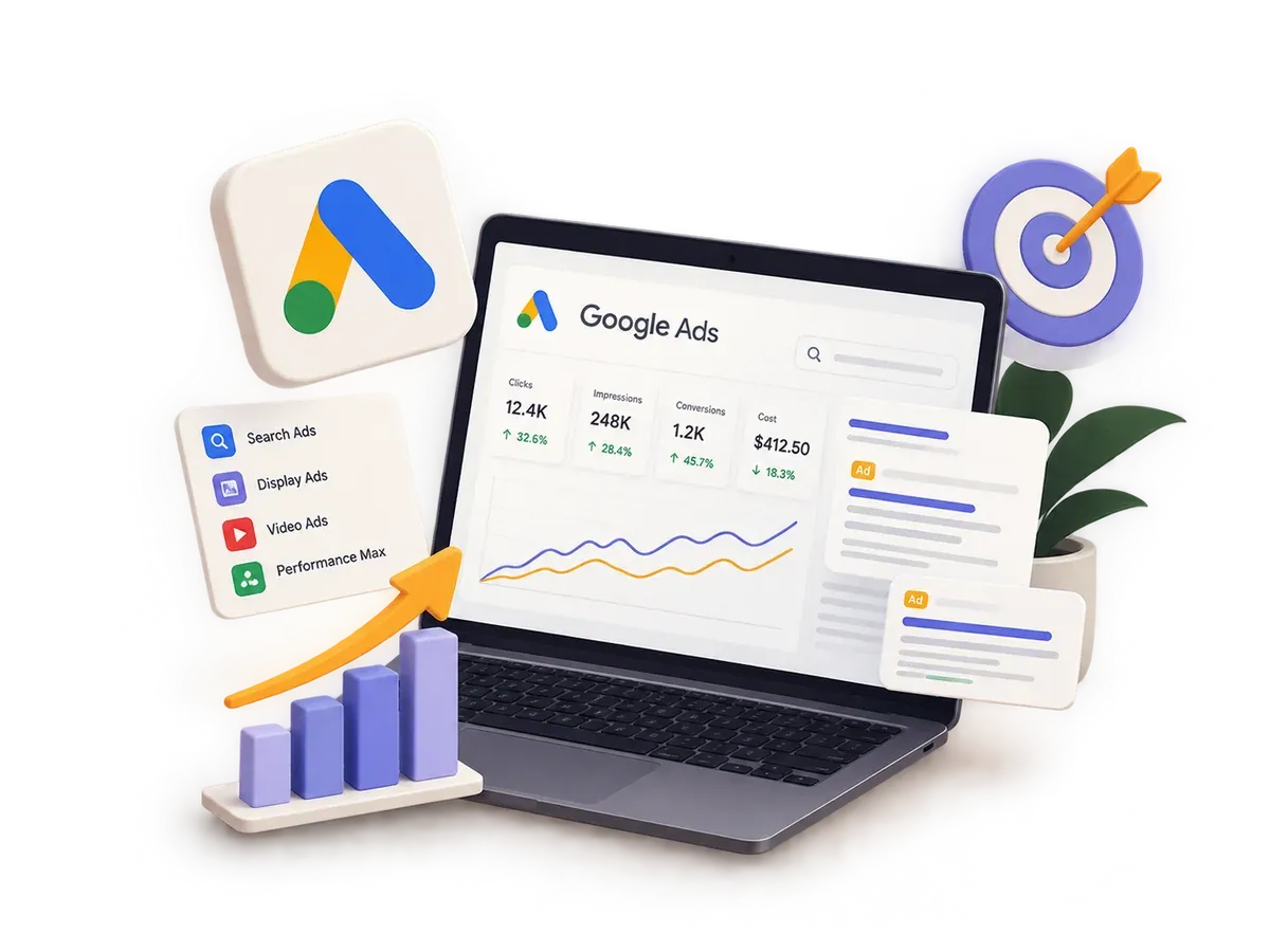 Google Ads dashboard showing clicks, impressions, conversions and cost beside search ad previews and campaign types