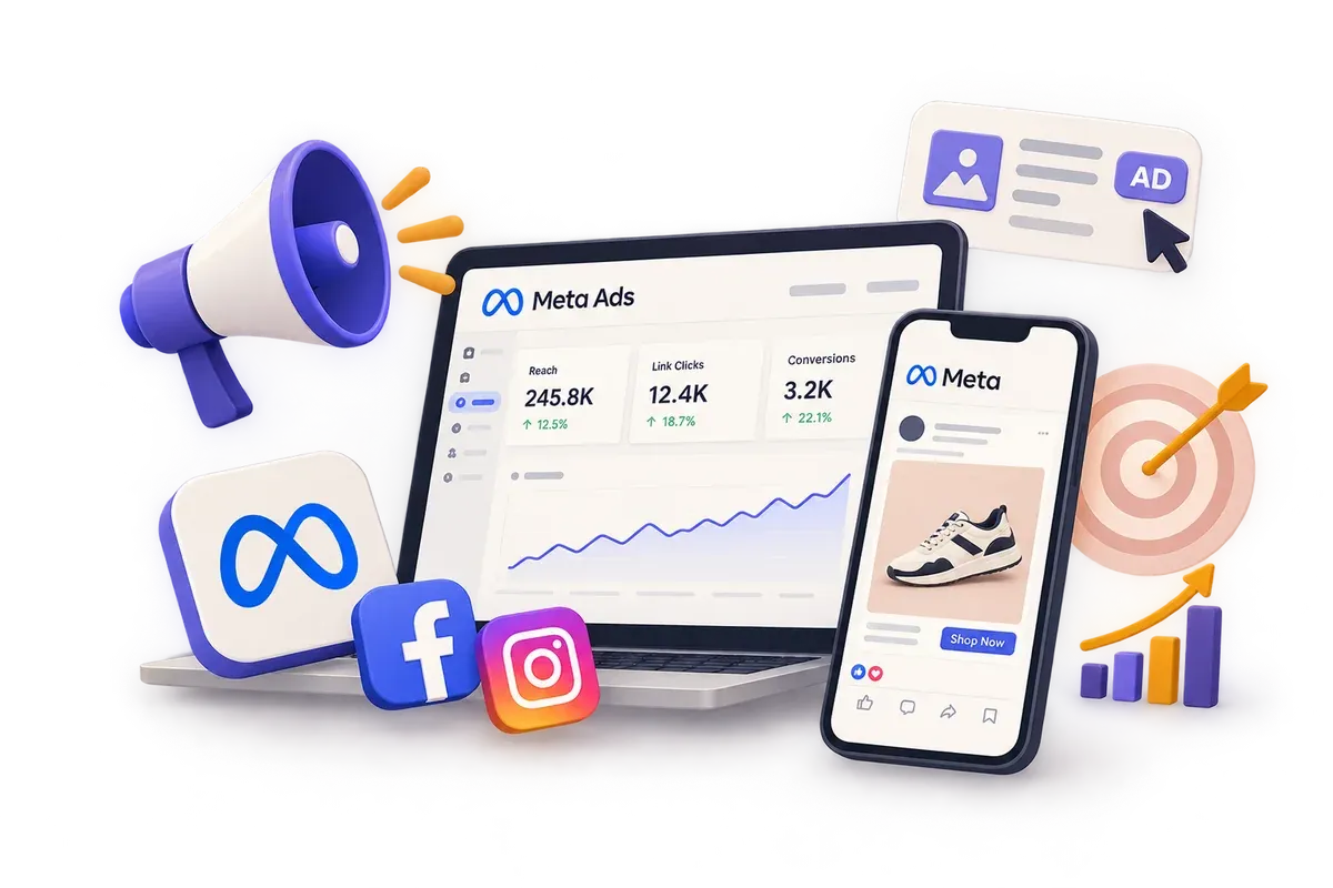 Meta Ads manager dashboard showing reach, link clicks and conversions beside a phone previewing a Facebook product ad