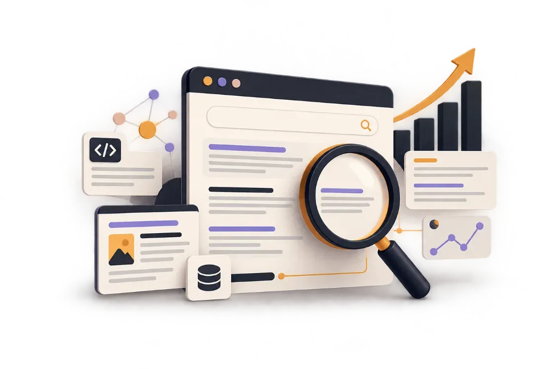 Illustration of a search results page under a magnifying glass, with content cards, a rising bar chart and traffic graphs around it