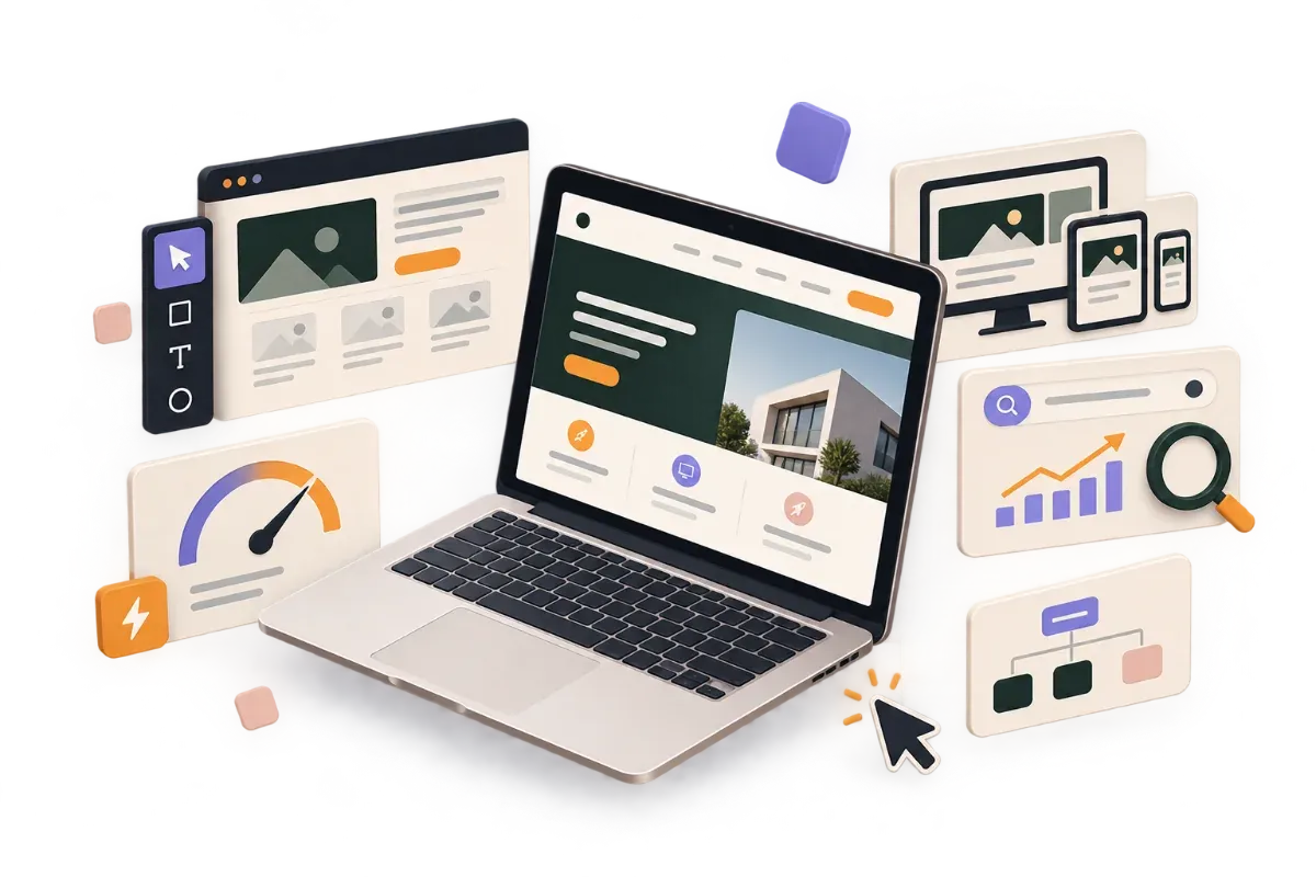 Illustration of a laptop showing a website build, surrounded by page-speed, responsive-layout, search-ranking and sitemap panels