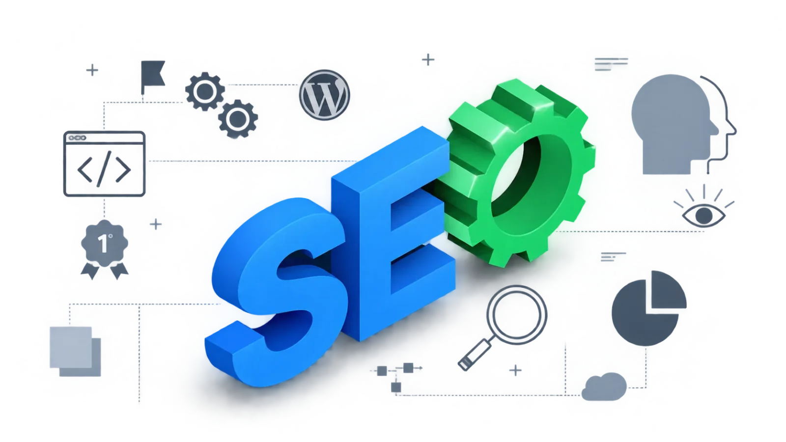 SEO wordmark surrounded by icons for code, WordPress, structured data, analytics and search